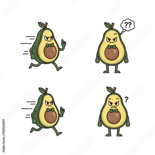 Confused cartoon avocado characters running and questioning