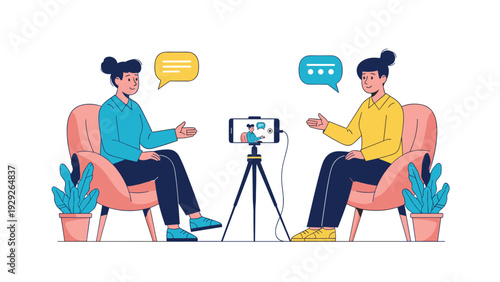 Two women characters sitting in armchairs and recording a video interview or podcast with a smartphone on a tripod.