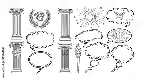 Classical Elements Collection: An artistic composition of Greek columns and other traditional design elements, inviting viewers into a world of antiquity and timeless aesthetics.