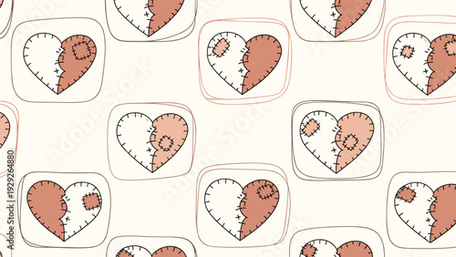 Seamless pattern featuring cute hand-drawn mended hearts with patches and stitches in soft warm tones of pink and brown.