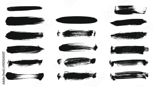 Set of eighteen thick black paint brush strokes with various textures and dry brush effects on a white background.