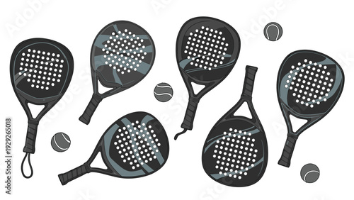 Collection of professional padel rackets with various patterns and balls isolated on a plain white background for sports equipment catalog.