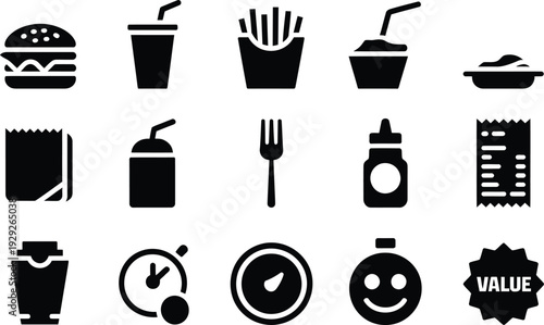 Fast food icons set with burger, drink, fries, coffee, and kitchen utensils for value meal and daily life concepts