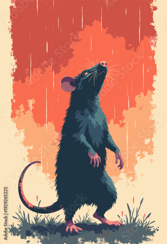 street rat standing its hind legs, looking up defiant, fiery manga eyes Rain depicted as heavy, diagonal black slashes Gritty, highcontrast Soviet aesthetic Solid cream background area text