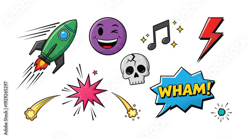 Comic Strip Elements: A vibrant collection of comic book elements bursts with energy, featuring a rocket ship, expressive emojis, musical note, lightning bolt, shooting star.