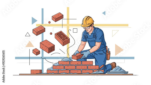 Construction Worker Laying Bricks to Build a Wall