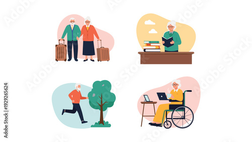 Group of active senior citizens participating in different lifestyle activities including traveling, reading, jogging, and using digital technology.