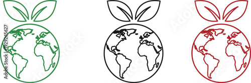 Set of eco friendly earth globe icons with leaves, environmental world symbols, green planet conservation vector, isolated global ecology signs.