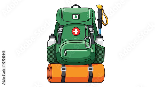Green hiking backpack with water bottles, mat, and trekking pole.