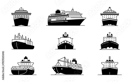 Set of various cargo and cruise ships in black and white vector illustrations