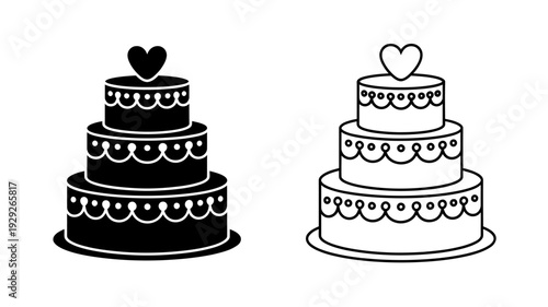 Two tiered cakes with heart on top for wedding or celebration  isolated on white background