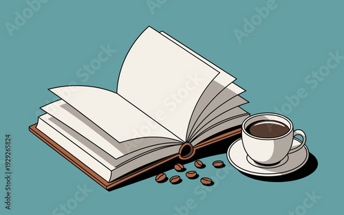 Open book with coffee cup and beans on teal background