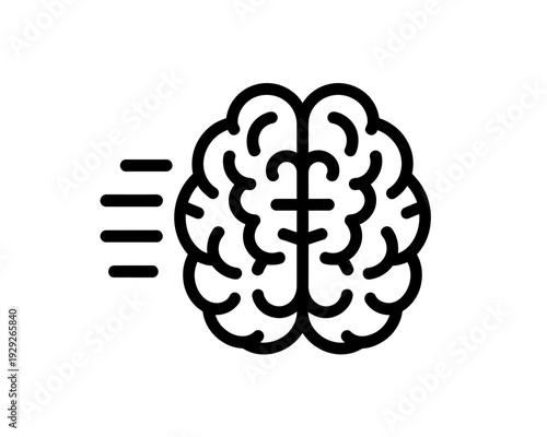 Black line drawing of a brain with motion lines to the side