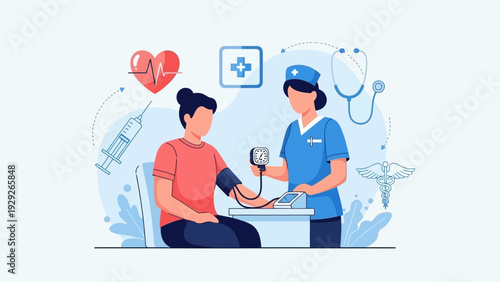 Nurse checking patient's blood pressure with medical equipment.