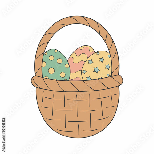 Hand Drawn Wicker Basket with Three Decorated Easter Eggs and Woven Handle
