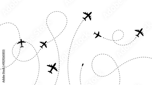 Black airplanes flying in different directions with dotted lines  air travel routes map