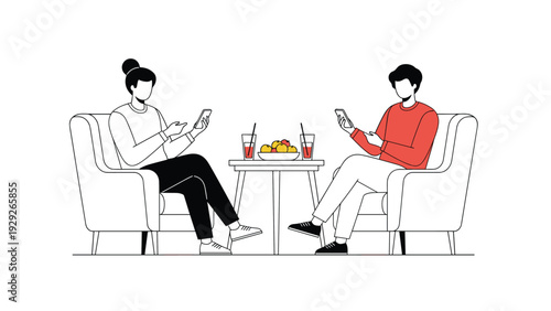 Couple sitting in comfortable armchairs and looking at their smartphones while ignoring each other during a meal at a cafe table.