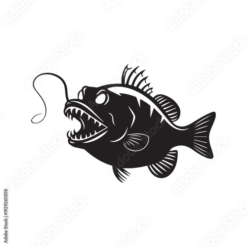 Black Silhouette Illustration of a Deep Sea Anglerfish with Its Lure. 