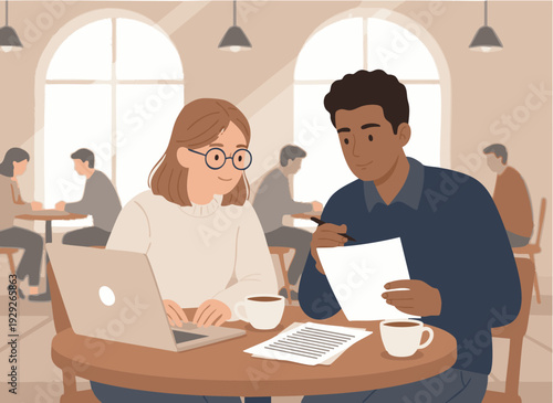 Young professionals collaborating in modern cafe with soft lighting on wooden table for business meeting