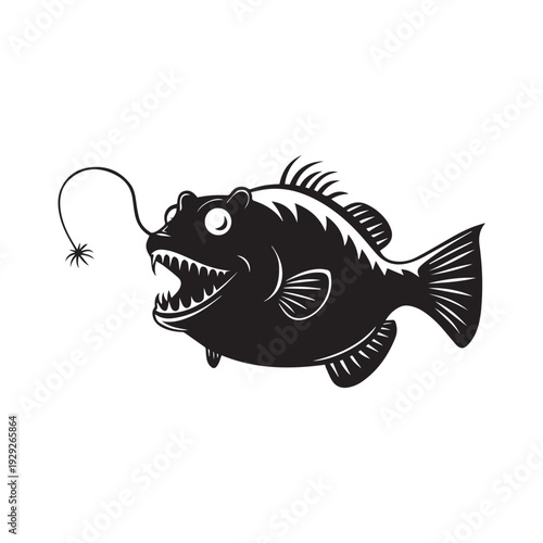 Black Silhouette Illustration of a Deep Sea Anglerfish with Its Lure. 