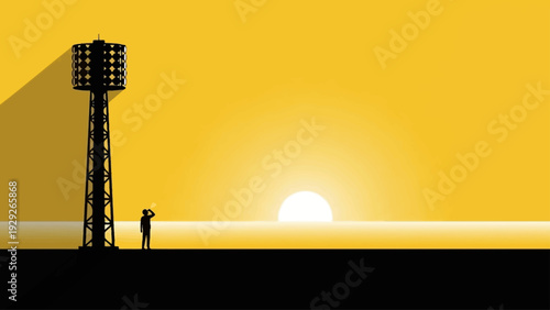 Sunrise silhouette with communication tower and person on minimalist landscape