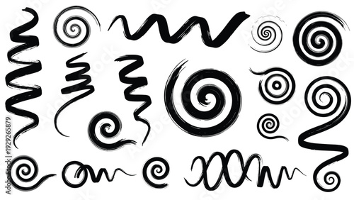 Collection of dynamic black ink brush strokes featuring spirals, waves, and zigzags for artistic and expressive graphic design compositions.