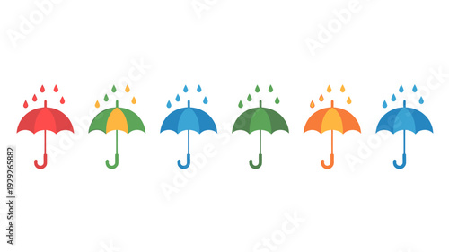 Colorful umbrella icons with raindrops on white background for weather concepts