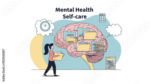 Woman organizing thoughts in a brain for mental health and self-care.