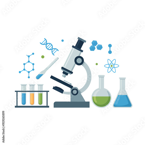 Science laboratory equipment and symbols for chemistry and biology experiments and research