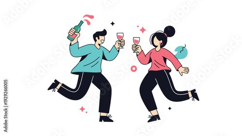 Joyful man and woman running and clinking wine glasses while celebrating with a bottle of champagne in a fun party atmosphere.