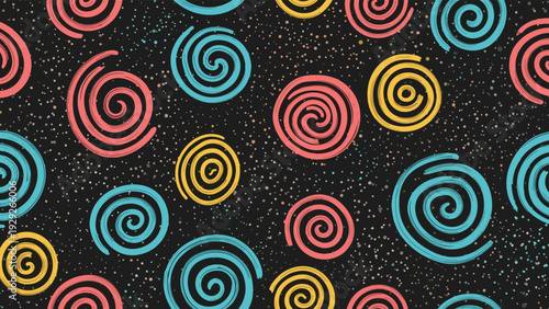 Vibrant seamless pattern of multi colored hand drawn spirals on a dark speckled background creating a playful and artistic visual texture.
