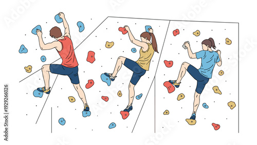 People of different genders practicing indoor rock climbing on a designated wall with colorful holds to improve their strength and agility.