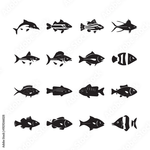Collection of Different Black Silhouette Fish Icons for Fishing Design Projects.