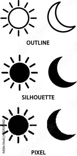 Simple black sun and moon icons duplicated on transparent background