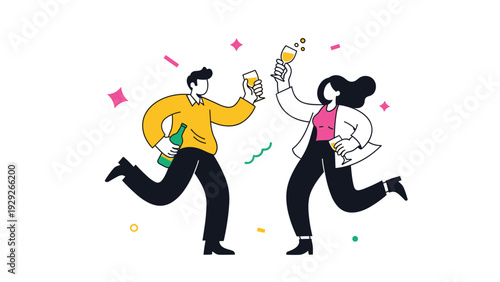 Energetic man and woman running and cheering while holding a bottle and glasses of champagne during a festive party celebration event.