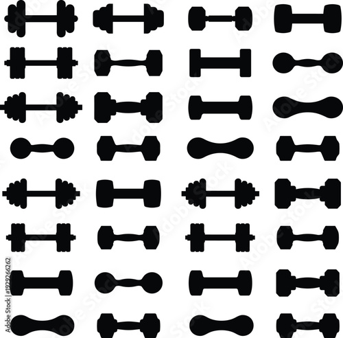 Large collection of black dumbbell silhouettes and weightlifting equipment icons isolated on white background for fitness and gym workout design
