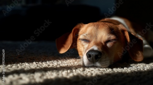 Canine companion enjoys a serene slumber bathed in a golden shaft of morning light upon soft fibers