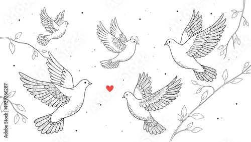 Group of five white doves flying gracefully among delicate tree branches with small leaves and a single red heart symbol for peace and love.