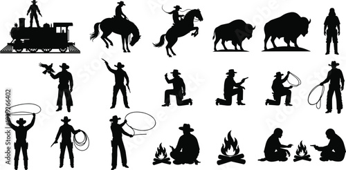 Wild West cowboy silhouette set featuring rodeo riding, steam train, buffalo, lasso throwing and campfire scenes for western, ranch and american frontier designs