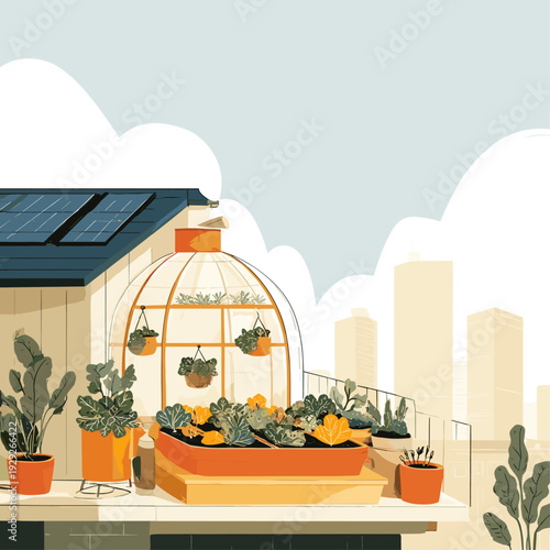 Modern Rooftop Greenhouse Above City Skyline