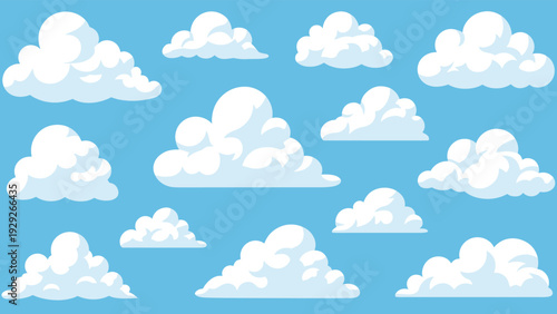Collection of soft white fluffy cloud shapes with shadows displayed on a bright blue sky background for cheerful weather illustrations.