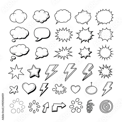 Comic Book Elements: Collection of illustrations in black and white: A dynamic array of comic book elements, showcasing a variety of speech bubbles, stars, lightning bolts, and other graphic symbols.