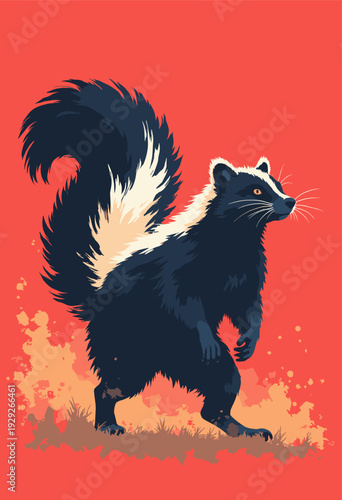 Skunk raising its tail dramatic tension manga character charging ultimate attack Intense aura lines High contrast black white solid crimson background No text