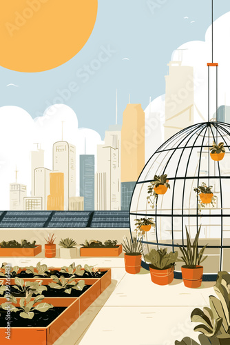 Modern Rooftop Greenhouse Above City Skyline