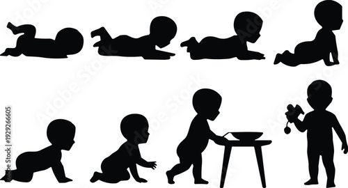 Set of eight baby silhouettes showing growth stages from crawling to standing and walking isolated on white background for parenting design