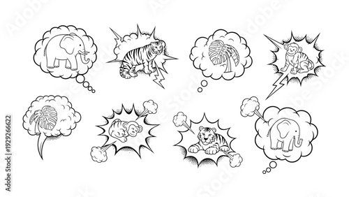 Zoo Dreams: A whimsical collection of thought bubbles depicting elephants and tigers, capturing the playful imaginings of animals in a stylized, cartoonish manner.