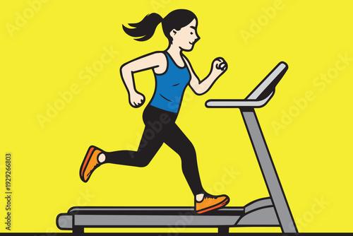 Simple vector illustration of a young woman running on a treadmill, clean sporty design with smooth lines and an active healthy lifestyle vibe.