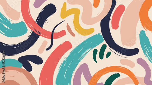 Dynamic abstract art composition features expressive and colorful brush strokes in a variety of shapes and sizes on a neutral background.