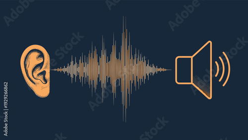 Concept illustration shows sound waves moving from a speaker icon towards a detailed sketch of a human ear on a dark blue background.