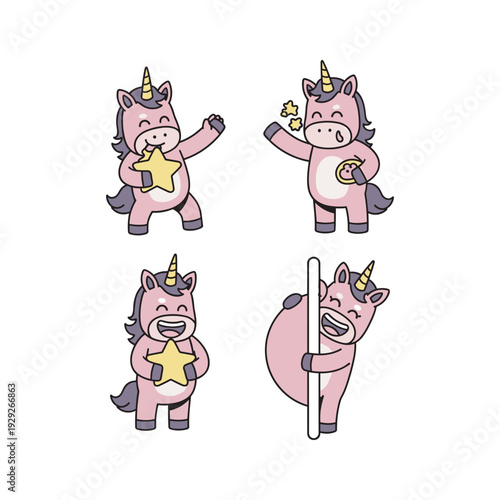 Cartoon unicorns showing different emotions and actions with stars and copy space